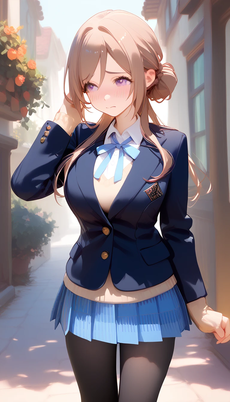 16k,1girl,himesaki rinami,purple eyes,brown hair,hair bun,long hair, , blazer, blue neck ribbon, pleated skirt, black pantyhose,blush,embarrassed,big breast,breast focus