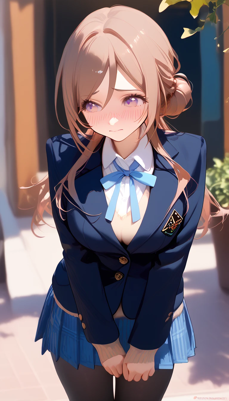 16k,1girl,himesaki rinami,purple eyes,brown hair,hair bun,long hair, , blazer, blue neck ribbon, pleated skirt, black pantyhose,blush,embarrassed,big breast,breast focus