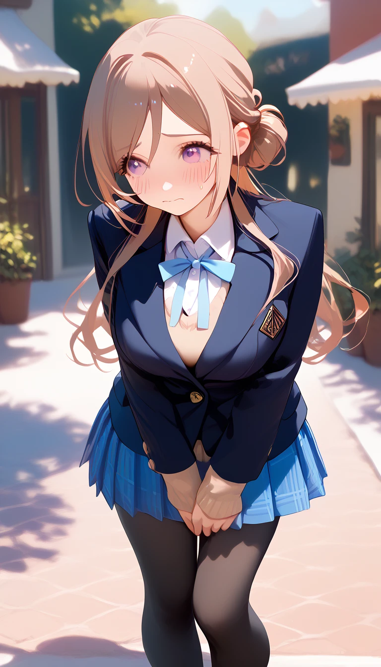 16k,1girl,himesaki rinami,purple eyes,brown hair,hair bun,long hair, , blazer, blue neck ribbon, pleated skirt, black pantyhose,blush,embarrassed,big breast,breast focus