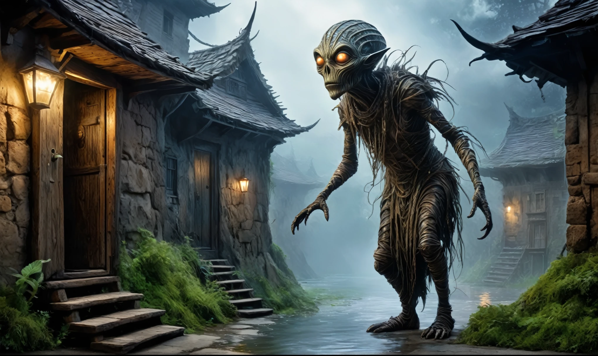 full body length shot,very beggar niobium mummy of Alien Entity,native britain half Puck, wants eat,survival,fairyland, Medieval castle ,Cinematic,soft colors, Technicolor,natural skin textures, hyper realism, hyper detailed,Extremely detailed,High contrast,Masterpiece,Realistic,Ultra Detailed, intricate details,realistic humid leather,extremly intricate,Epic Realistic, cinematic style, irina yermolova,high contrast,hdr,extremely detailed, deep night landscape,masterpiece, intricate details, eyes extremely detailed, high detailed eyes,8k resolution,retina, Nikon Z9,Norsemade,Li River ,perfect, Elf，transition between two art styles, Double contact, X-ray, Creative, vivid light, fantasy Abstract, Surrealism, super detailed, high resolution, traps against fairies between houses in air,insanity wear
