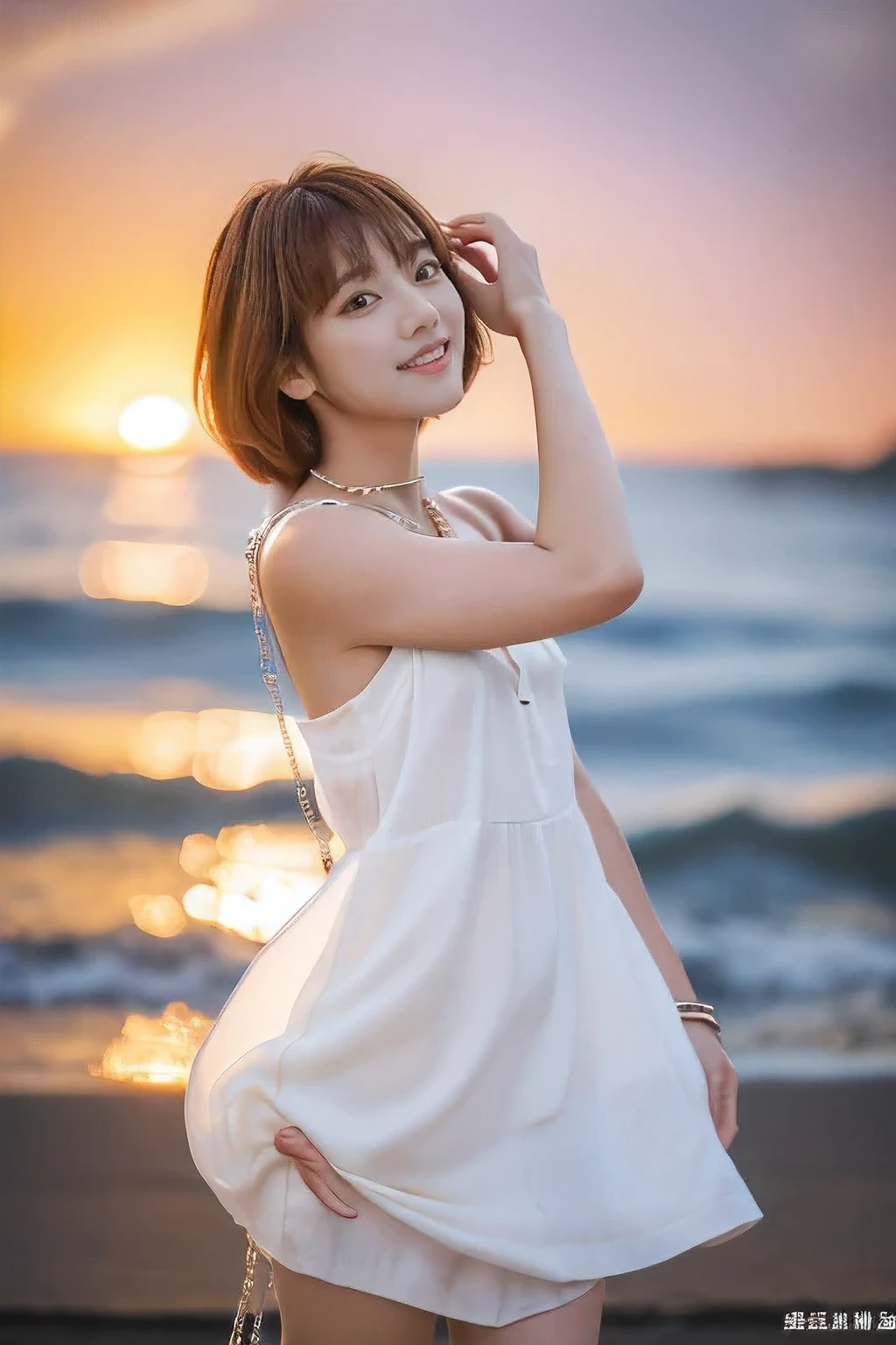 (Beautiful sunset、An 18-year-old woman looking at the sea on the beach:1.5)、(Gentle smile:1.2)、(The best quality at its best:1.4), (Super detailed), (Very detailed CG unified 16k), Beautiful woman with perfect figure: 1.4, Sharp focus: 1.2, Very detailed, High-quality RAW color photos, Professional photography, Great face and eyes, cosmetics, (Amazingly beautiful girl), ((White dress:1.5)), Realistic movie faces, Full body long view from head to toe, Realistic, ((Realistic natural orange red hairstyle)), ( Short Bob Hair:1.5), (necklace:1.5)、, Very beautiful face, Perfect model beauty, Mouth swelling, Highly detailed face and skin texture, Fine grain, double eyelid, Medium chest, smile, (masterpiece), Highest quality, High resolution, Very detailed, Blurred Background, Depth of written boundary, Cinema Lighting, Great legs, , Clear, well-maintained skin,((Full body shot from head to toe:1.5))
