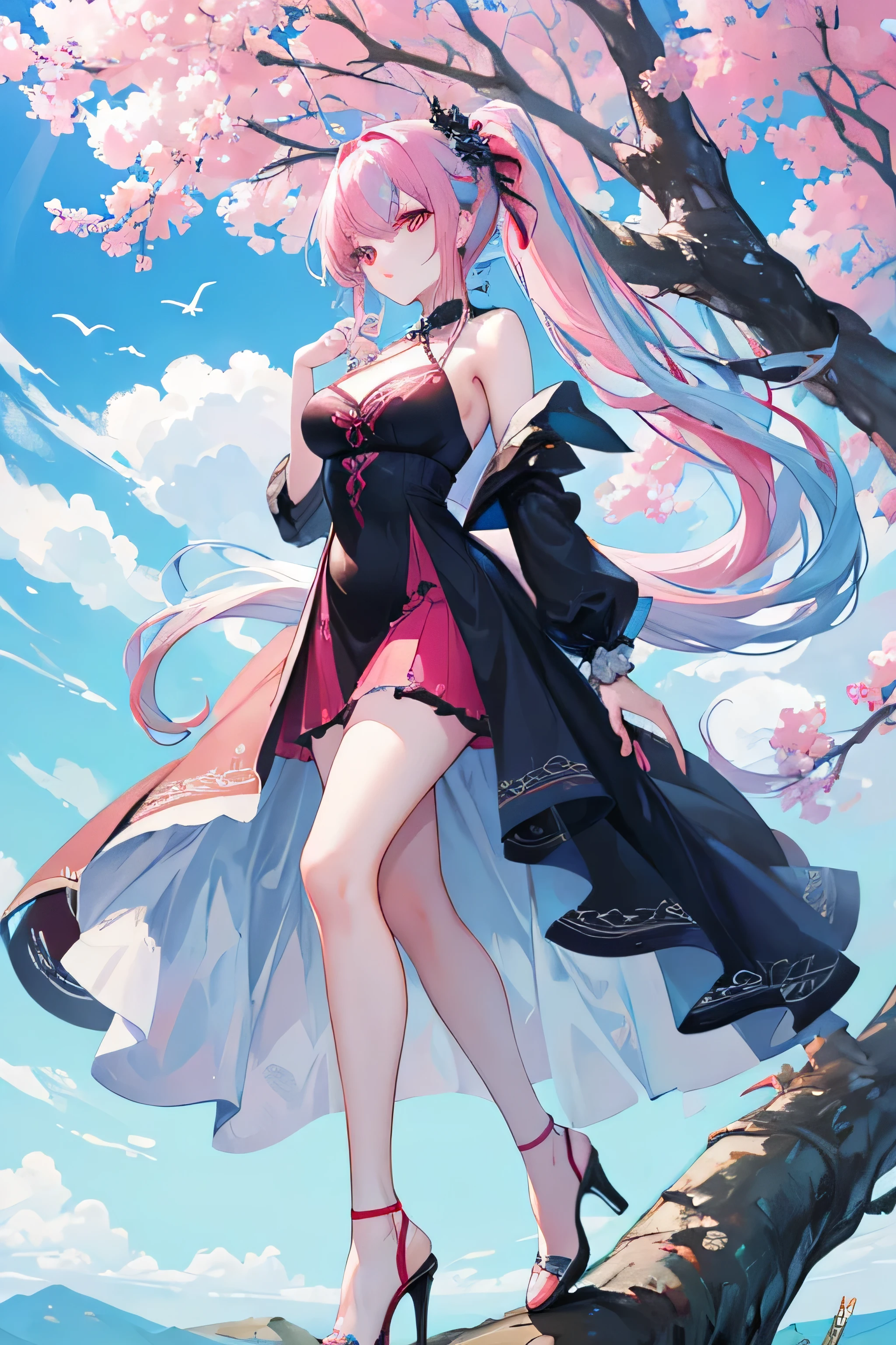full body, masterpiece, 8k, ultra HD, sharp focus, details hair, beautiful hair, details face, beautiful detail eye, details pupil, perfect hand, vibrant colours, soft lighting.
1girl, long hair, hair accessory, twin ponytail, (light blue-pink hair), dark red eyes, large breast, (long red -black dress), elegant dress, open shoulders dress, nackles, open jacket, high heel , .
park, blue sky, nice cloud, sun, branch, big tree, bird .