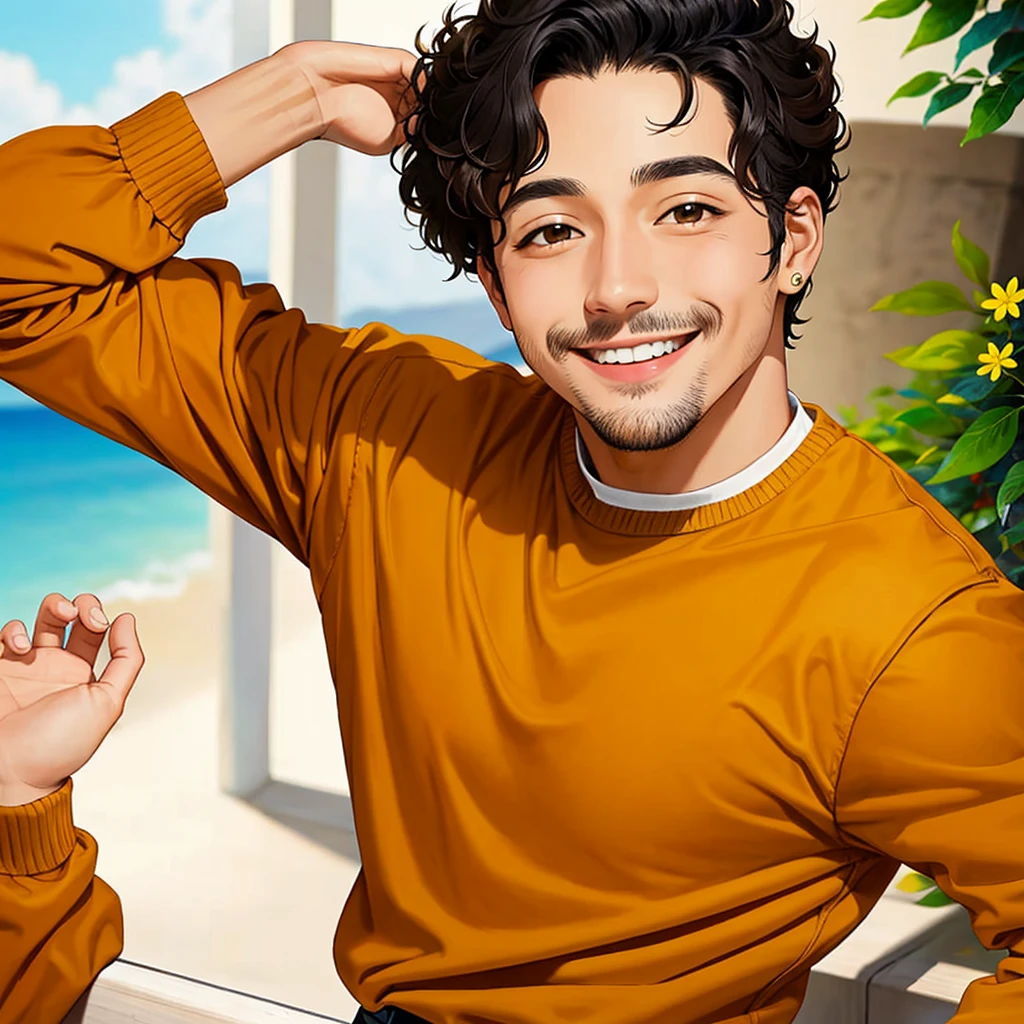 Crea a un personaje hombre que esta sonriendo tiernamente con el cabello negro rizado color de piel crema marron claro 