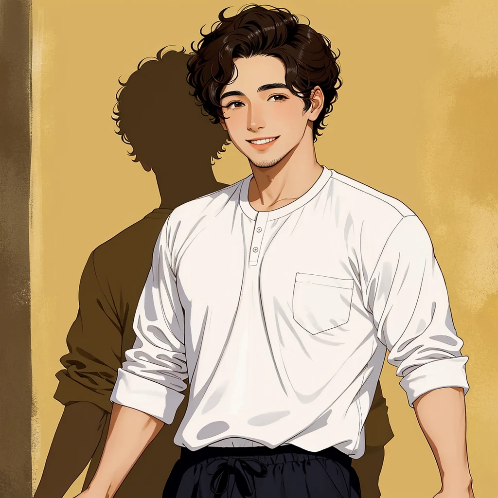 Crea a un personaje hombre que esta sonriendo tiernamente con el cabello negro rizado color de piel crema marron claro