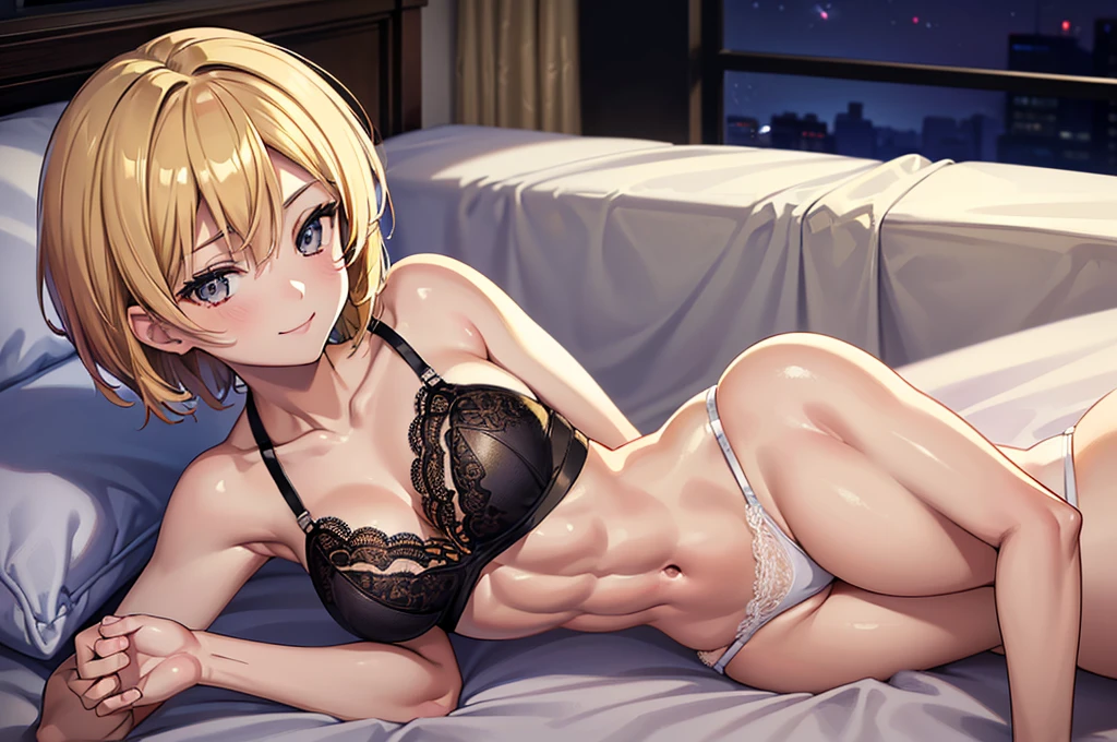 masterpiece, best quality, ultra detailed, ultra high resolution, very detailed face, solo, anime, 20 years old girl, slim, (((lace underwear))), (((lying on the bed, upper body only))), ((golden short hair)), (six pack abs:1.2), medium breast, little smile, in the room at night