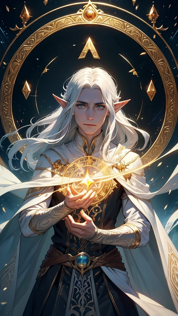 arafed male elf with long silver hair and a feathered white cape, intense amber eyes, portrait of fin wildcloak, and intricate runes etched on magic ghostly shimmering, This breathtaking portrait, showcases every intricate detail in stunning clarity. The warlock's robes shimmer with iridescent threads, casting a spellbinding glow that seems to radiate off the canvas. a portrait of a male elf, portrait of a slender elven man, beautiful male elf, a male elf, male half-elf, elven male, young half elf wizard, presence exudes a sense of quiet power and elegance. Smiling and peaceful