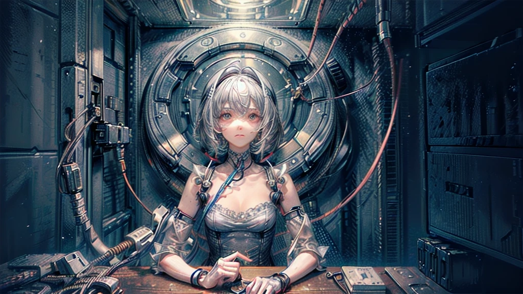 (((masterpiece))), (((The best quality at its best))), ((Super detailed)), (Highly detailed CG illustrations), ((Extremely delicate and beautiful)),(Cute and delicate face),Light,((1. Mechanical Girl)),alone,Full Body Lesbian,(Mechanical joints:1.4),((Mechanical limb vessels connected to tubes),(Six Arms),((Mechanical vertebrae are attached to the back)),((Mechanical cervical spine attached to the neck)),((Sit)),Expressionless face,(Wires and cables attached to head and body:1.5),(Character Focus),(The background is the snowy plains of the Antarctic),ice World,Science fiction、The Universe Expands、Intersecting beams、A nuclear fusion reactor glows on his chest.