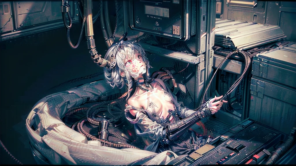 (((masterpiece))), (((Highest quality))), ((Very detailed)), (Highly detailed CG illustrations), ((Very delicate and beautiful)),(Cute and delicate face),Light,((1. Machine Girl)),alone,whole body,(Machine made joints:1.4),((Mechanical Limbs)),(Muscle swelling),(The container is connected to a tube),(Brain in a container:1.3),((Mechanical vertebrae attached to the back)),((Mechanical cervical spine attached to the neck)),((Sitting)),poker face,(Wires and cables attached to head and body:1.5),Small breasts,short hair,(Character Focus),SF,Lying down,Dark shortcuts,Centering shortcuts,A devastated society,alone,
