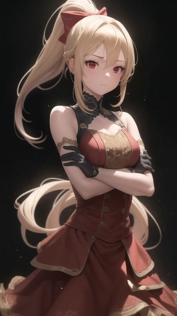 18 year old beautiful girl, Red big eyes, Petite and slender、slightly large breast, ((beige hair,)),(Loose long fluffy twintail hair), in 8K, of the highest quality, (Highly detailed head: 1.0), (Very detailed face: 1.0), (very detail hair: 1.0),(skimpy black dress leotard), Detailed official artwork, anime moe art style, clean detailed anime art, Cool smile