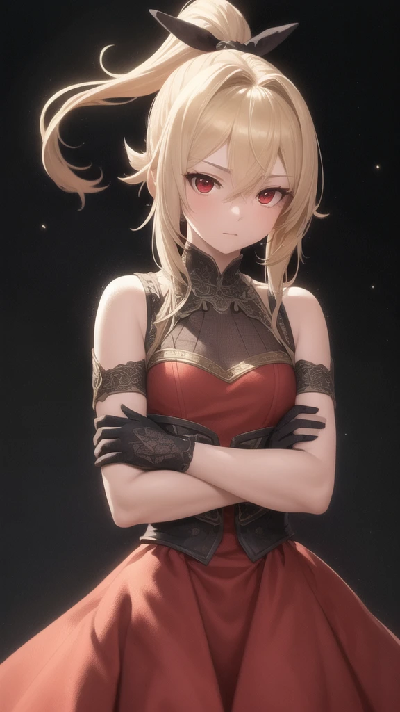 light particles, soft lighting, volumetric lighting, intricate details, finely detailed, backlighting,

1girl, solo, standing, upper body, crossed arms,

blonde hair, long hair, high ponytail, hair intakes, sidelocks, red bow,

red eyes, looking at viewer, tsurime, half-closed eyes,

red dress, off shoulder, bare arms, gloves,

black background, simple background,

