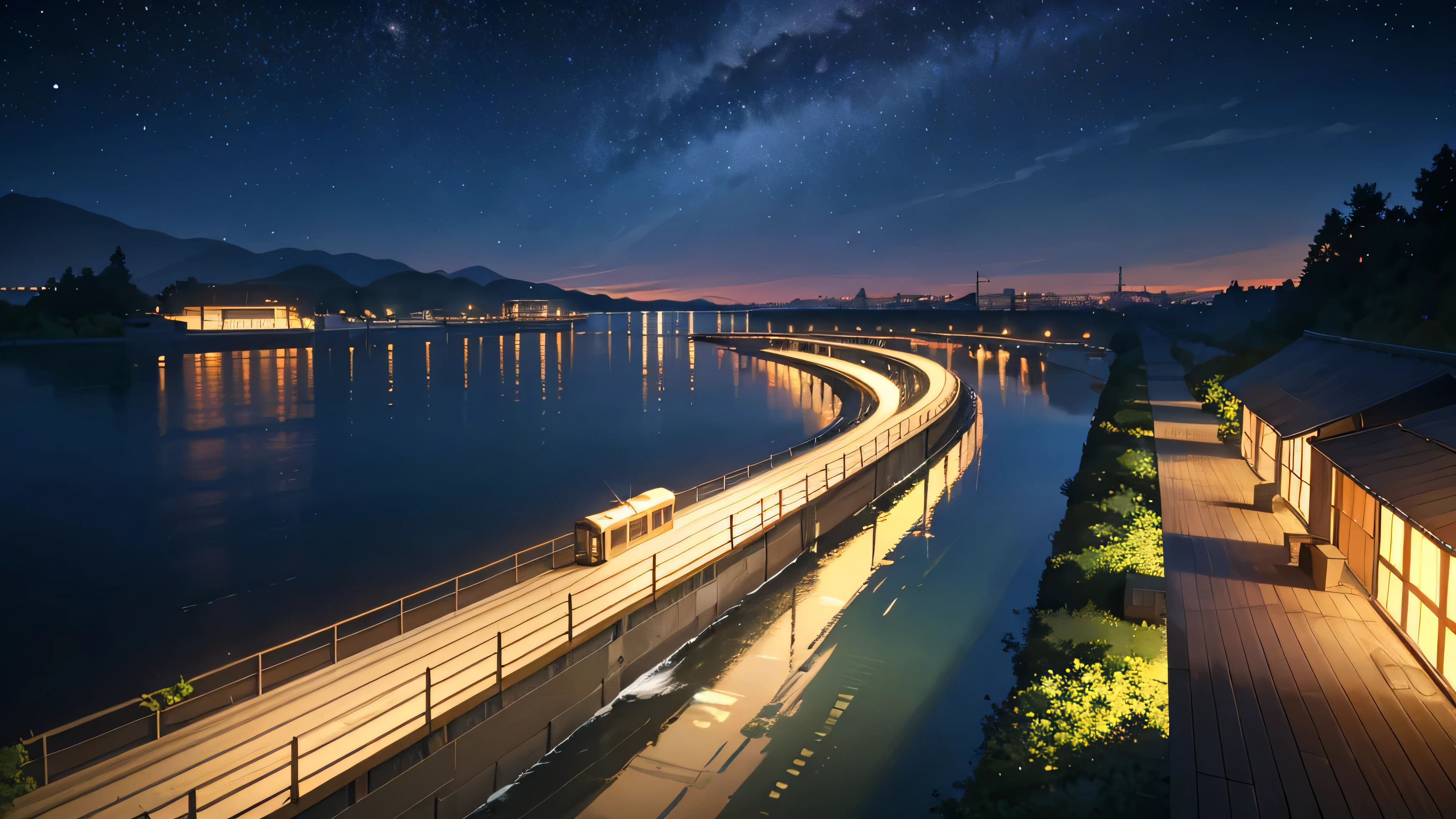 High quality masterpiece ,landscape,Animated train passing through water on the tracks, Starry Sky。Romantic Train,Pixiv,Concept Art,Lofi Artスタイル,Reflective plate。 by Makoto Shinkai, Lofi Art, Beautiful anime scene, Anime landscape, Detailed landscape — width 672, in Makoto Shinkai's Style, Makoto Shinkai's Style,Detail enhancements。