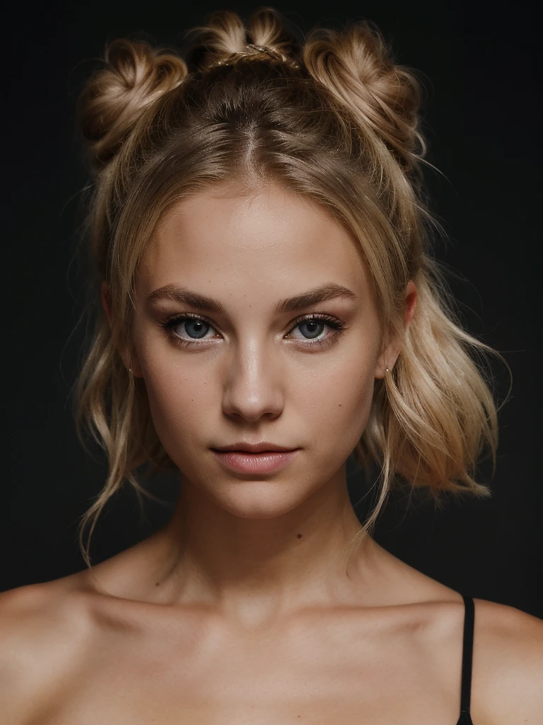 an eye contact of a blond with bun hair and dark theme without clothes