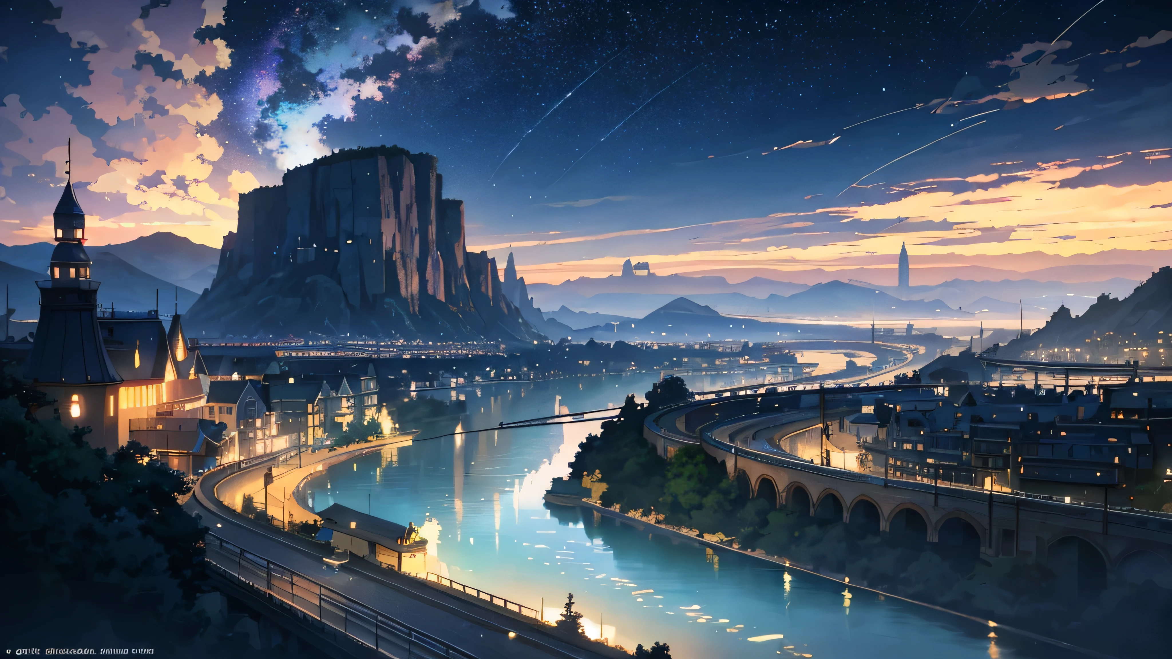 High quality masterpiece ,landscape,Animated train passing through water on the tracks, Starry Sky。Romantic Train,Pixiv,Concept Art,Lofi Artスタイル,Reflective plate。 by Makoto Shinkai, Lofi Art, Beautiful anime scene, Anime landscape, Detailed landscape — width 672, in Makoto Shinkai's Style, Makoto Shinkai's Style,Detail enhancements。