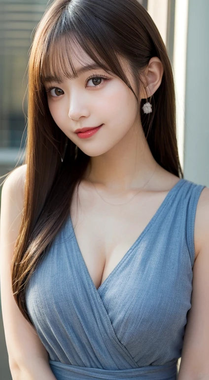 table top,(highest quality, masterpiece:1.2), Super detailed, High resolution, 8k wallpaper, perfect dynamic composition, detailed and beautiful eyes, long hair,small breasts, natural color lips, bold sexy pose, shy smile, 20-year-old, cute woman, cute style, Tokyo, sexy shot looking at camera, feminine fashion, summer fashion,hairstyle ponytail,Show off your chest,Cross neck dress,My chest is open,