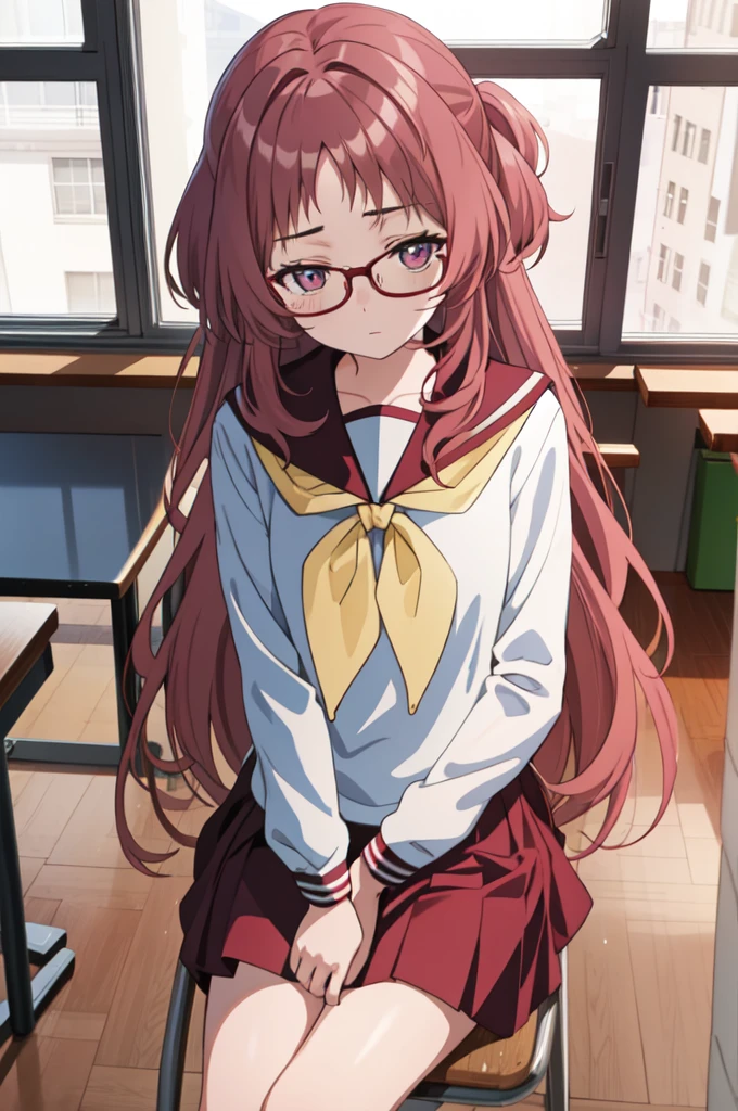 1girl, (masterpiece:1.3), (high resolution), (8K), (extremely detailed), (4k), (pixiv), perfect face, nice eyes and face, (best quality), (super detailed), detailed face and eyes, (solo), textured skin, absurdres, highres, miewz, glasses, long hair, serafuku, sailor collar,yellow neckerchief, white shirt, purple eyes, , red skirt, red hair, long sleeves, sitting, looking at viewer, indoors, classroom, chair