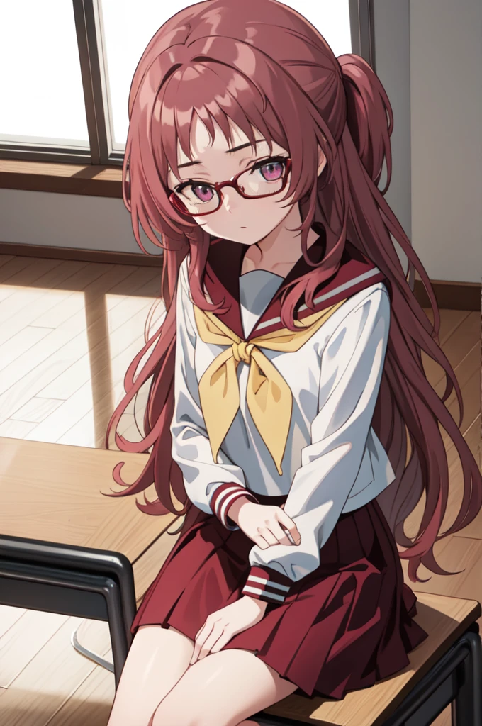 1girl, (masterpiece:1.3), (high resolution), (8K), (extremely detailed), (4k), (pixiv), perfect face, nice eyes and face, (best quality), (super detailed), detailed face and eyes, (solo), textured skin, absurdres, highres, miewz, glasses, long hair, serafuku, sailor collar,yellow neckerchief, white shirt, purple eyes, , red skirt, red hair, long sleeves, sitting, looking at viewer, indoors, classroom, chair