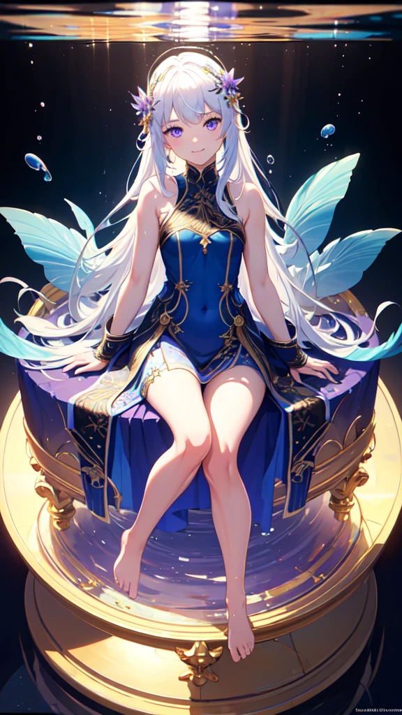 [(Transparent background:1.5)::5],(((masterpiece))),(((best quality))),(((extremely detailed))),illustration, 1girl,solo,mysterious,vivid color,shiny, underwater transparent sealed hemispherical glass dome, (white hair),(purple eyes), full body,barefoot,long hair tranquil nature, koi,Underwater, Dome,close up,Dynamic actions,Lens perspective,(((Box composition))),sit cross-legged and lean against the bookshel, volumetric lighting, multi-color eyes, detailed eyes, hyper detailed,light smile, highly detailed, beautiful, small details, ultra detailed, best quality, intricate, 4k, 8k, trending on artstation, good anatomy, beautiful lighting, award-winning,