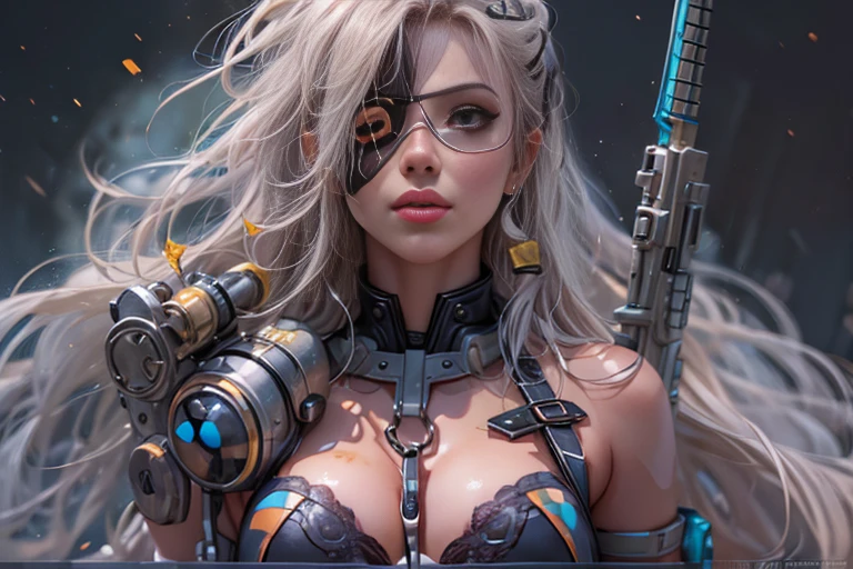 (Eyepatch on left eye:1.８)、(Cowboy Shot:1.4)、Beautiful Young Woman Space Pirate、Beautiful detailed right eye、Long detailed eyelashes、Dreadlocks、Ideal proportions、Large Breasts、Spaceship、Spaceport、arms、gun、knife、sword、Sensual pose、Provocative pose、(Highest quality、4k、8k、High resolution、masterpiece:1.2)、Super detailed、(Real、Photorealistic、Photorealistic:1.37)、Cinematic lighting、Dramatic lighting、Bright colors、Very detailed、SF、cyber punk、Digital Art、mynatalee woman