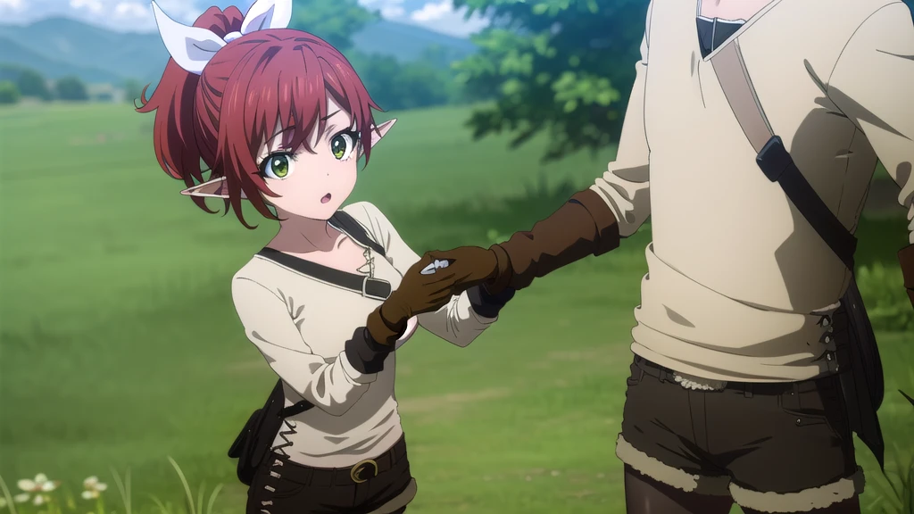 NSFW,(((1girl,1boy,fellatio))),clothed,rheafighter, rhea fighter, (green eyes:1.5), hair ribbon, ponytail, red hair, pointy ears, elf, white bow, white ribbon, ribbon,
BREAK gloves, bow, pantyhose, shorts, belt, armor, black pantyhose, fur trim, short shorts, brown gloves, toeless legwear, legwear under shorts, brown shorts,
BREAK outdoors, forest, grass, nature, sky, cloud, sun,
BREAK looking at viewer, (cowboy shot:1.5),
BREAK (masterpiece:1.2), best quality, high resolution, unity 8k wallpaper, (illustration:0.8), (beautiful detailed eyes:1.6), extremely detailed face, perfect lighting, extremely detailed CG, (perfect hands, perfect anatomy),