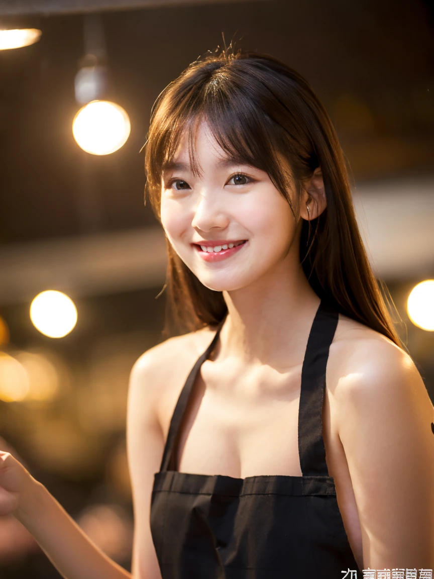 ((8k、sharp、masterpiece、Highest quality、Photorealistic、Very beautiful face、Fair skinで可愛い、Fair skin、very cute、Moisturized Skin))、 Shiny skin, Moisturized Skin、Fair skin、Cute face、Thin legs、Beautiful shaped buttocks,Professional Lighting、Portrait Shot、Smiling at the audience、(Naked black apron:1.3)、((She captivates the audience's pants in the kitchen.'))、'kitchen、No clothes、I'Wearing an apron、You can see the chest on the side、Small breasts
