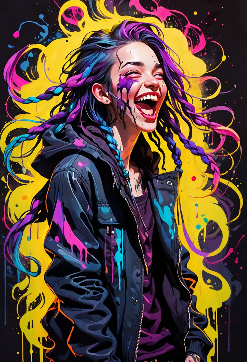 Ink illustration, a beautiful Boy painted on wall with light, full body, villainess, maniacally laughing with mouth open wide, wind, stunning beauty, soft light, colorful hair, punk, wearing a parka, bold line art, glowing lips, lips closed, light smile, natural style, braids, absurdly long hair flowing around, neon colors, detailled iris, , detailled eyes, ink stains, ink splatters, ink runs, ink spots, faded ink linquivera