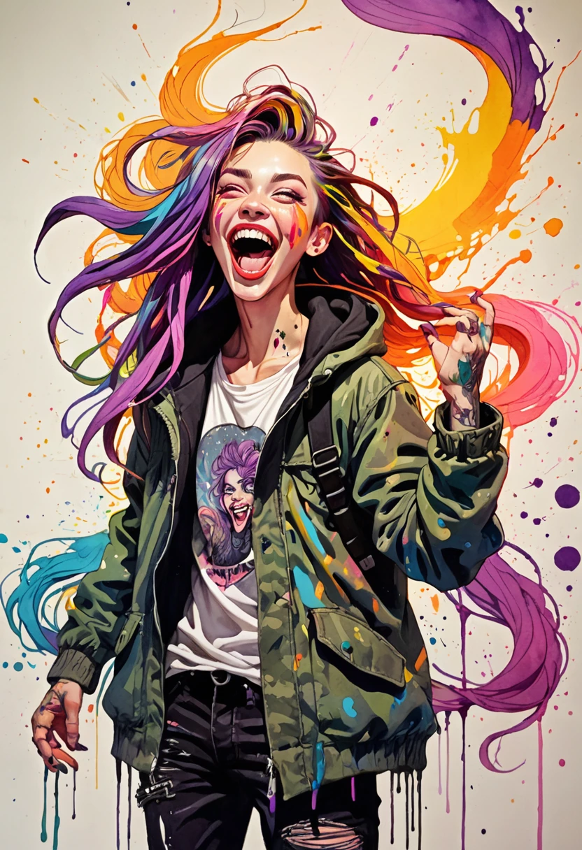 Ink illustration, a beautiful Boy painted on wall with light, full body, villainess, maniacally laughing with mouth open wide, wind, stunning beauty, soft light, colorful hair, punk, wearing a parka, bold line art, glowing lips, lips closed, light smile, natural style, braids, absurdly long hair flowing around, neon colors, detailled iris, , detailled eyes, ink stains, ink splatters, ink runs, ink spots, faded ink linquivera