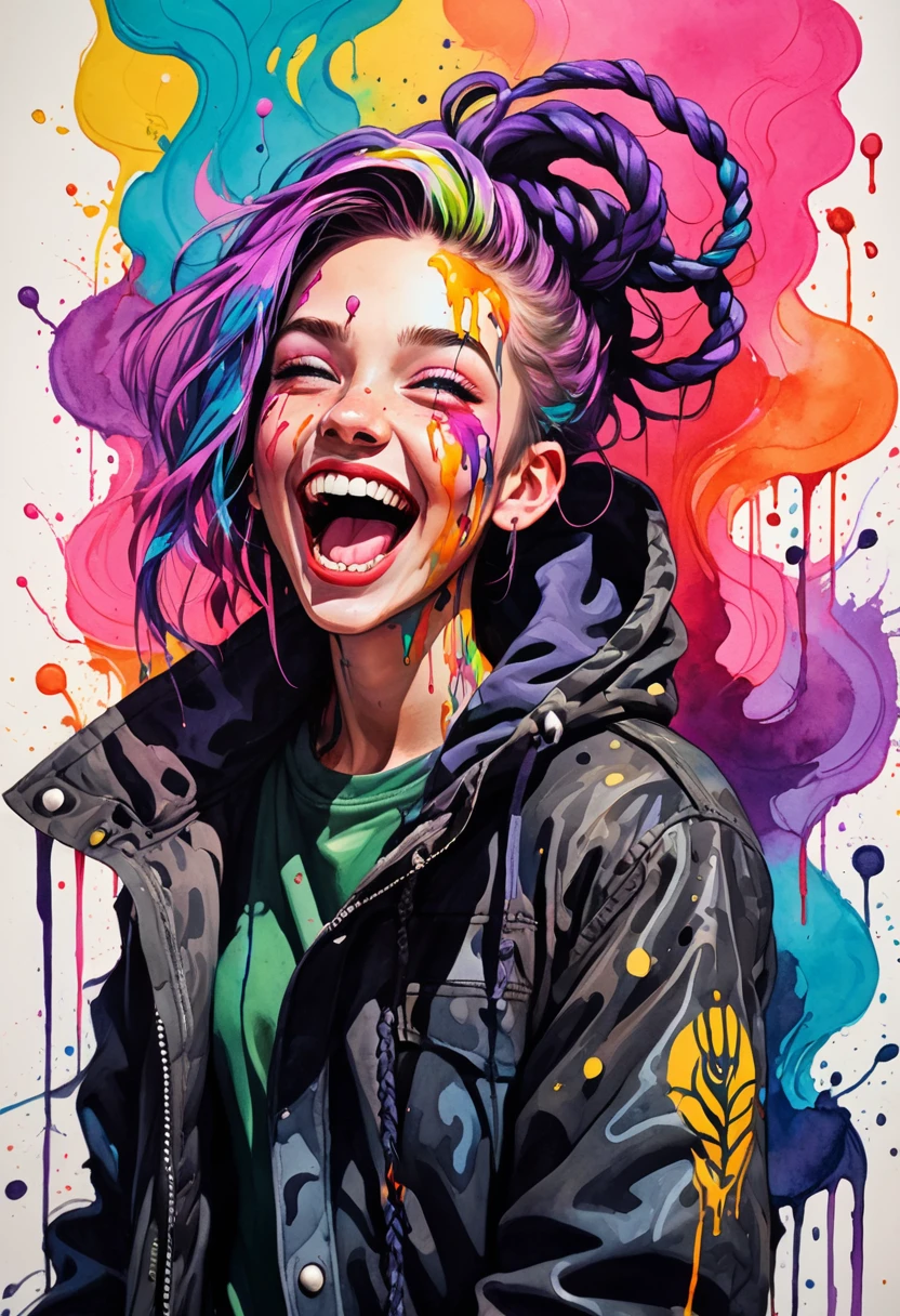 Ink illustration, a beautiful Boy painted on wall with light, full body, villainess, maniacally laughing with mouth open wide, wind, stunning beauty, soft light, colorful hair, punk, wearing a parka, bold line art, glowing lips, lips closed, light smile, natural style, braids, absurdly long hair flowing around, neon colors, detailled iris, , detailled eyes, ink stains, ink splatters, ink runs, ink spots, faded ink linquivera