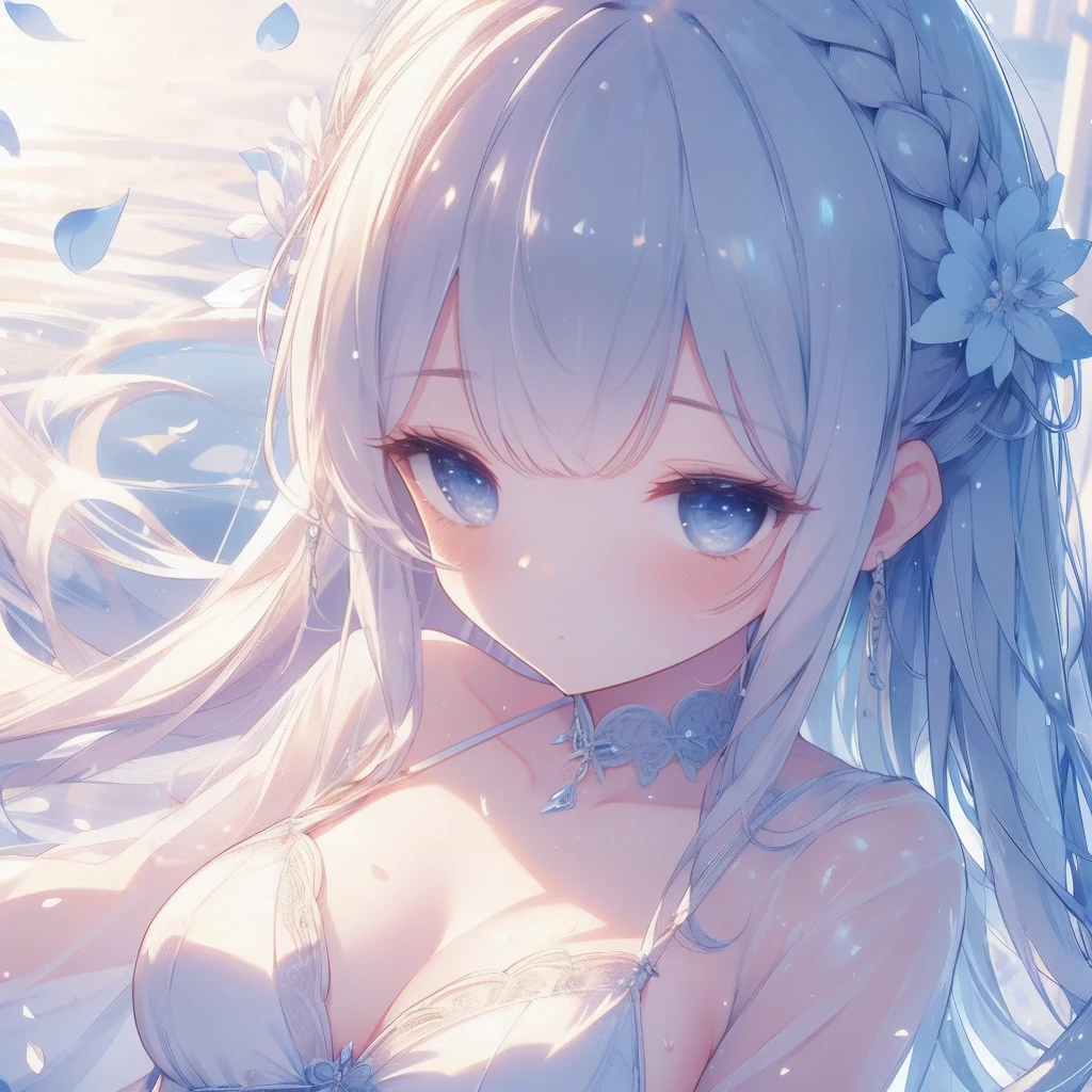 1 Girl, White fluffy bikini, (((Wet))), White Room, Cinema Lighting, Hot room, Beautiful long neck, choker,relax, Raise your knees:1.5, Sleepy milky face, White micro bikini, Beautiful long thighs, Pale skin, beautiful thin face、Daytime , Detailed Hair, (Beautiful big round eyes), (The extremely complex pupil in the eye, Shining Eyes), Long eyelashes, double eyelid, Lips parted, cute, cute, ( Flat Chest), thin, (Very delicate and beautiful skin), Very detailed costume, Perfect Anatomy, Dynamic Angle, break (masterpiece, Highest quality), (Ultra high definition 8K), (Perfect design), Absurd, High resolution, ((blush)), (Ultra-fine illustrations), ((light blue Long Hair))), 10 years old, Long Hair ((blush)), masterpiece, Highest quality, (wonderful, Beautiful details, Blunt bangs),、(最High resolution、clear_image) Highest quality、(((Transparency)))、Light and shadow contrast、Simple Background、((Soaring blue petals))、((Enlighten))、Very detailed、Semi-realistic、((Compensate)),Braided Hairstyles、Expressionless、((White shirt))、((View from above))、Delicate facial features、Facial Features、Just like the whole body、