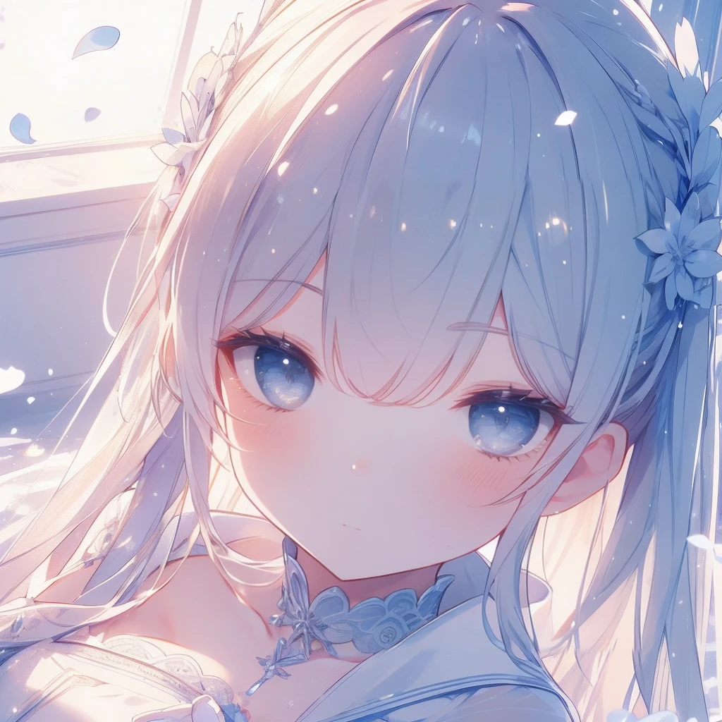 1 Girl, White fluffy bikini, (((Wet))), White Room, Cinema Lighting, Hot room, Beautiful long neck, choker,relax, Raise your knees:1.5, Sleepy milky face, White micro bikini, Beautiful long thighs, Pale skin, beautiful thin face、Daytime , Detailed Hair, (Beautiful big round eyes), (The extremely complex pupil in the eye, Shining Eyes), Long eyelashes, double eyelid, Lips parted, cute, cute, ( Flat Chest), thin, (Very delicate and beautiful skin), Very detailed costume, Perfect Anatomy, Dynamic Angle, break (masterpiece, Highest quality), (Ultra high definition 8K), (Perfect design), Absurd, High resolution, ((blush)), (Ultra-fine illustrations), ((light blue Long Hair))), 10 years old, Long Hair ((blush)), masterpiece, Highest quality, (wonderful, Beautiful details, Blunt bangs),、(最High resolution、clear_image) Highest quality、(((Transparency)))、Light and shadow contrast、Simple Background、((Soaring blue petals))、((Enlighten))、Very detailed、Semi-realistic、((Compensate)),Braided Hairstyles、Expressionless、((White shirt))、((View from above))、Delicate facial features、Facial Features、Just like the whole body、