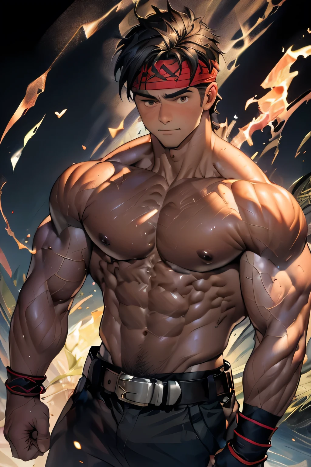 (Masterpiece, Best quality 19 year old boy, black background), solo, Young, boy, muscler, (Dark Short straight hair, under cut, brown eyes, topless), (red headband, ((fingerless gloves, belt, black wristband))), (((trapezoid torso, beefy body, defined round beefy pectorals, defined washboard abs))), (hot Abs:1.2, abs!, big abs, big breast:1.2, chest!, upper arms), Vivid colors, muscler body, (aura power:1.4), detailed face, detailed muscle, (((A magical mystical aura, rippling muscles, chilling atmosphere, subtle color tones, intense action scene)))