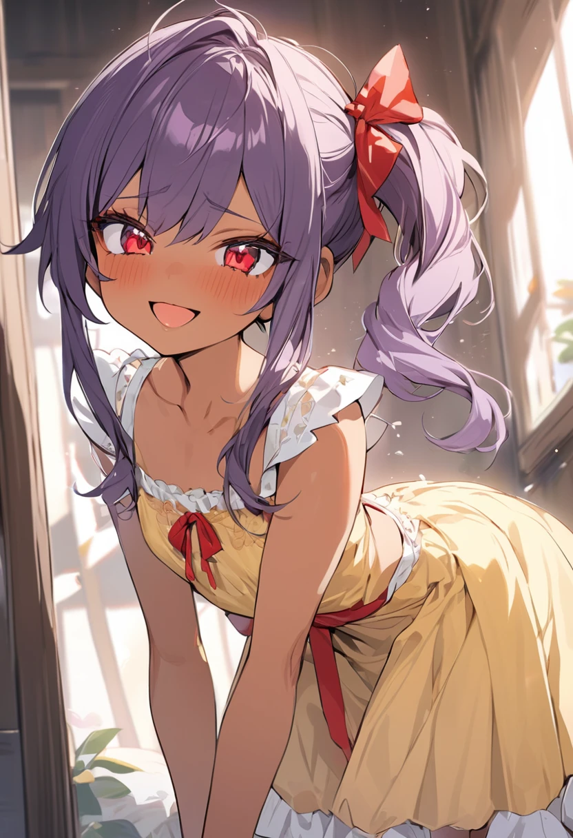 (anime style),masterpiece, best quality, extremely detailed,tanned skin,5yo gal,dark skin Beautiful body,flat breasts,BREAK,multicolored dark Purple hair,little side ponytail,short hair with long locks,BREAK,red eyes,naughty smile,shy,open mouth,eyes widen,smile face,detailed lips,False eyelashes,BREAK,cotton red big ribbon,BREAK, yellow camisole dress,frilled clothing,bridal gown,leaning_forward,break,head tilt,looking back