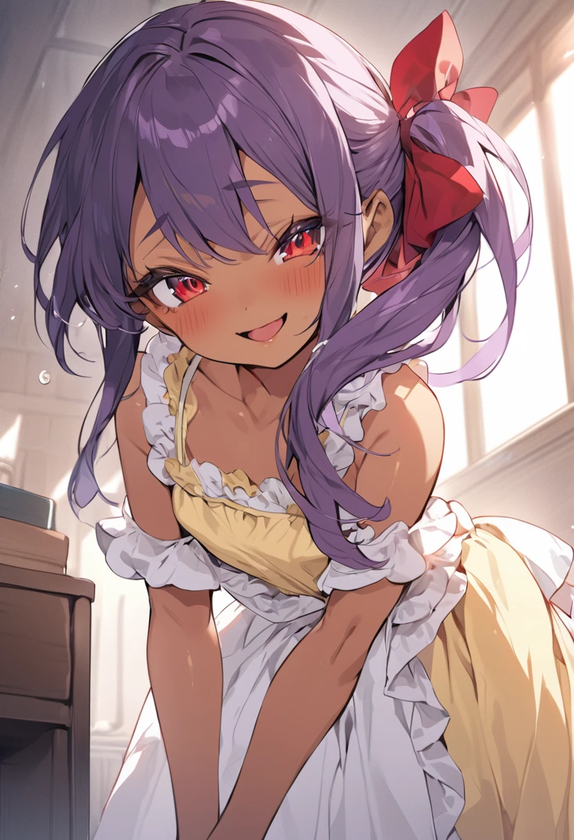 (anime style),masterpiece, best quality, extremely detailed,tanned skin, gal,dark skin Beautiful body,flat breasts,BREAK,multicolored dark Purple hair,little side ponytail,short hair with long locks,BREAK,red eyes,naughty smile,shy,open mouth,eyes widen,smile face,detailed lips,False eyelashes,BREAK,cotton red big ribbon,BREAK, yellow camisole dress,frilled clothing,bridal gown,leaning_forward,break,head tilt,looking back