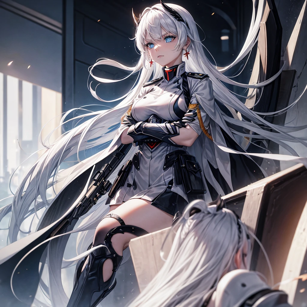 locomotive，teens girl，legs long，white skinned，boots，white color hair，Heteropupil，droid，camo --auto