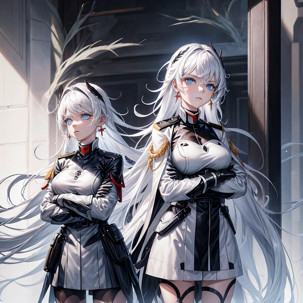 White hair, blue eyes, beautiful female, black military uniform, white leather clothing, black leather clothing, black gloves, crossed arms