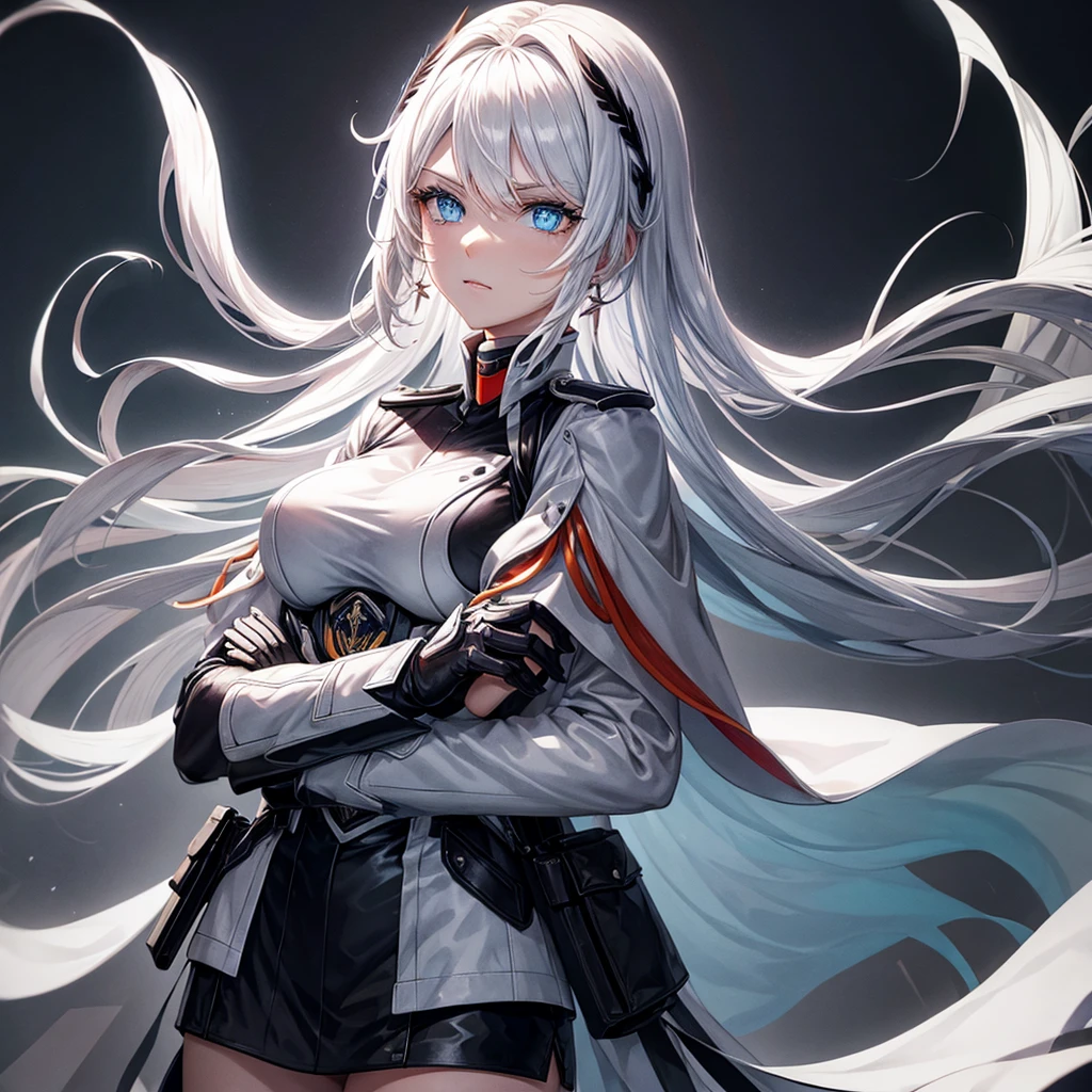White hair, blue eyes, beautiful female, black military uniform, black leather clothing, black gloves, crossed arms