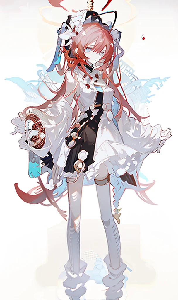 A girl，whole body，Standing picture，Character Design，Red Hair，apple，Complex headdress，Complex clothes，Long hair，Double tail