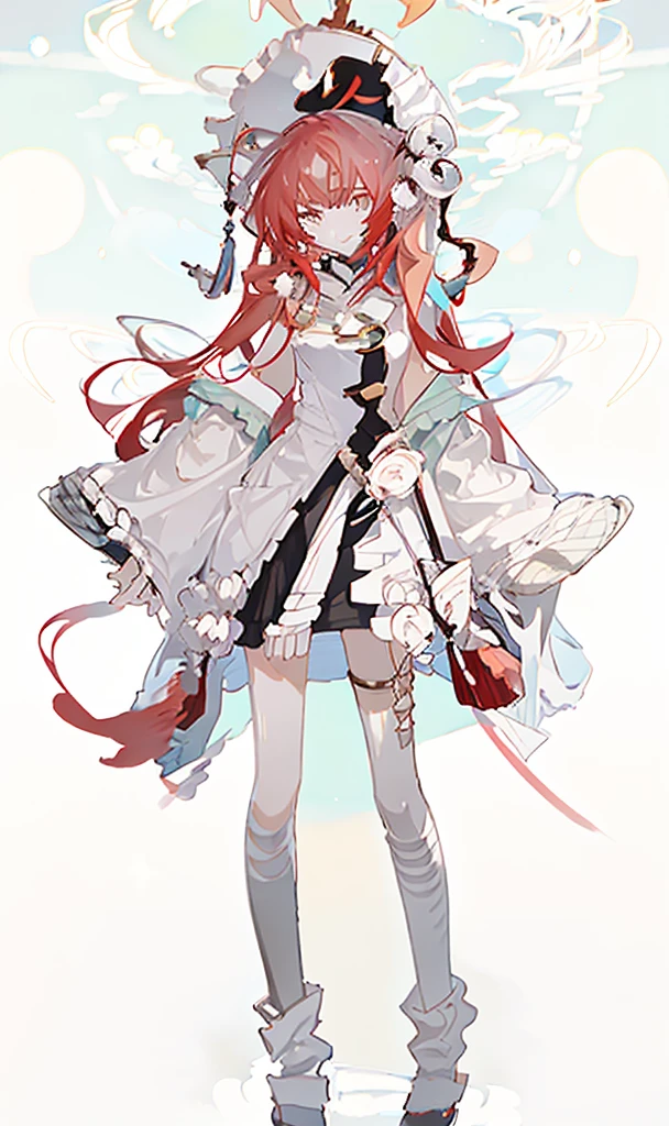 A girl,whole body,Standing picture,Character Design,Red Hair,apple,Complex headdress,Complex clothes,Long hair,Double tail