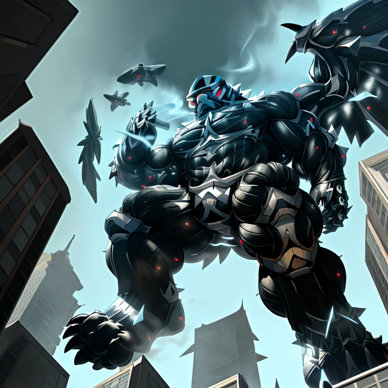 (masterpiece. official art. 8k. best quality. detailed full body. full body.)
A man in stylish armor fights against the magnificent biomechanical LUCARIO.
(situation 1 : dominating LUCARIO. focus GIANT mechanical Muscular LUCARIO is trampling the CITY. macro. stomp. Low-angle perspective. emphasizing the immense size. The perspective is from below, emphasizing the sheer majesty and power of the Giant. giant art. He is much bigger than a skyscraper. Giga Giants. micro soccer field. looking down.)

(situation 2 :smoke and flames rising from the destruction in the city)

(Additional details 1: wearing a full-face helmet. helmet is jet black. The color of NANOSUIT is jet black. high-tech bio-mecha armor. real texture material. whole body shines like metal. Wearing cyberpunk mecha. emphasizes the muscles. suit fully made of metal. intricate armor. Robotic suit. suit fully made of metal. NANOSUIT with the same design as LUCARIO.).

(Additional details 2: (Detailed head. Detailed Body. Detailed abs. gigantic muscles. HYPER MUSCLES. Gigachad Muscular. big muscle. pecs. triceps. traps. unusually developed muscular body. body full of huge muscles. showing off muscles. pectorales enormes. Exaggeratedly huge muscles. huge muscles. long legs.).

(Additional details 3: nj5furry, Spread wings. It has wings. black have big wings. The claws are sharp. Sharp teeth.5 toes.). 