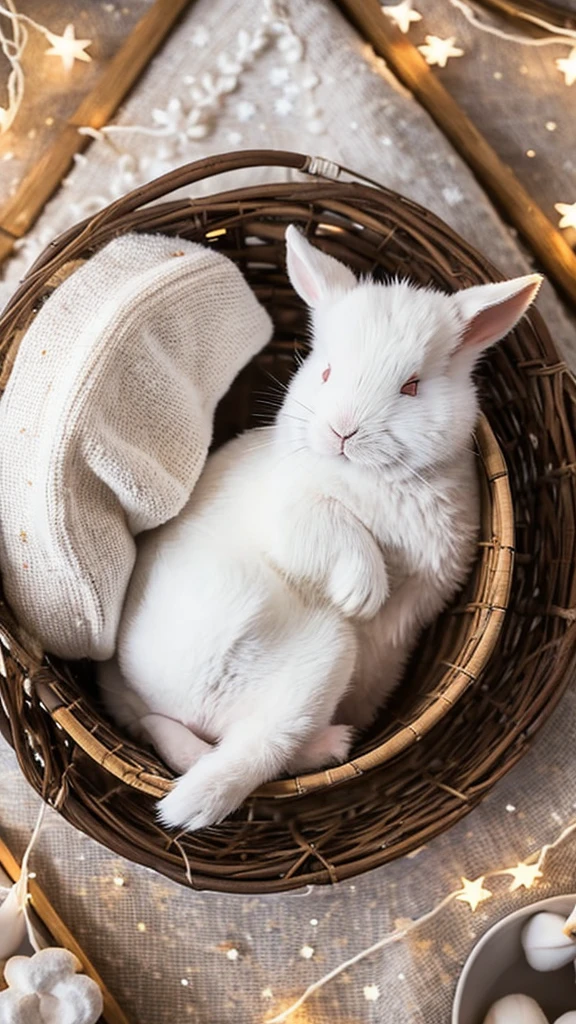 A high-quality image of a white rabbit sleeping peacefully under a starry night sky, with a cute and serene expression that would be soothing and adorable for viewers of all ages.