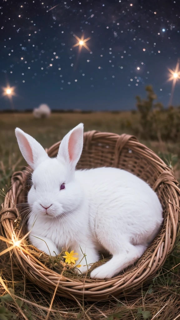 A high-quality image of a white rabbit sleeping peacefully under a starry night sky, with a cute and serene expression that would be soothing and adorable for viewers of all ages.