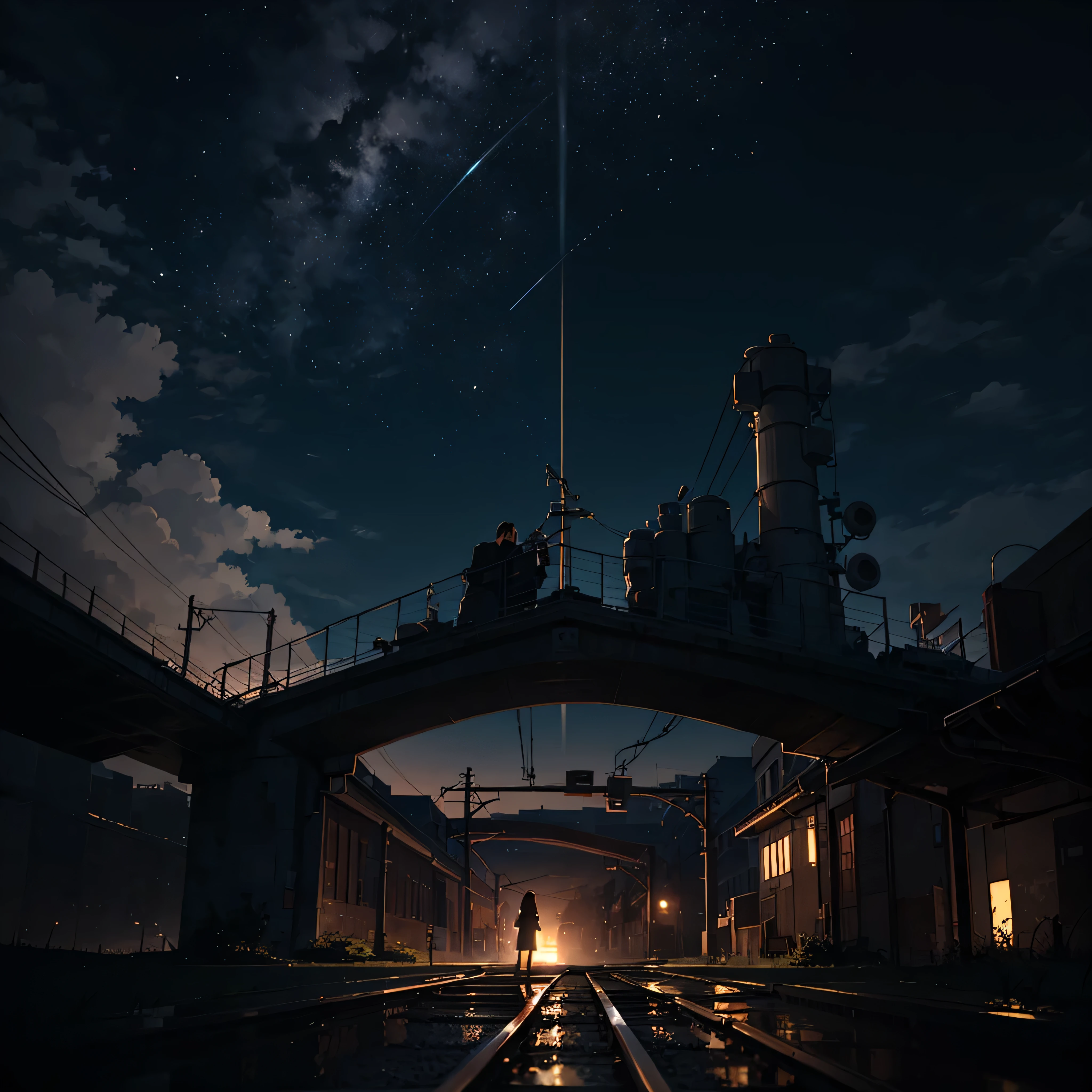 High quality masterpiece ，landscape，Animated train passing through water on the tracks， Shining starry sky。Romantic Train，irritating，Concept Art，Lofi Art style，Reflective plate。 by Makoto Shinkai, Lofi Art, Beautiful anime scene, Anime landscape, Detailed landscape, In the style of Makoto Shinkai, Makoto Shinkai&#39;s Style，Detail enhancements。