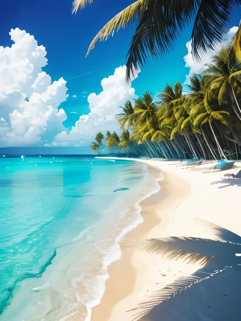 a view of a beach with palm trees and clear water, a photo by Jacob Toorenvliet, flickr, fine art, breath-taking beautiful beach, crystal clear sea, crystal clear blue water, tropical beach paradise, beautiful beach, magical beach, clear blue water, at a tropical beach, carribean turquoise water, beautiful ocean, turquoise water, crystal clear water