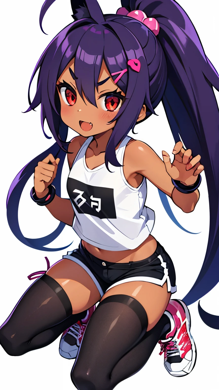 highres,1girl,bangs,blush,red eyes,open mouth,fang,dark-skinned female,hair between eyes,hair ornament,hairclip,looking at viewer,smile,solo,v-shaped eyebrows,thighhighs,underwear,streetwear,sneakers,tongue,gal,shorts,KEMOMIMI,fang dark-skinned female,taut clothing,ponytail,purple hair,two or more colors,white background ,simple background