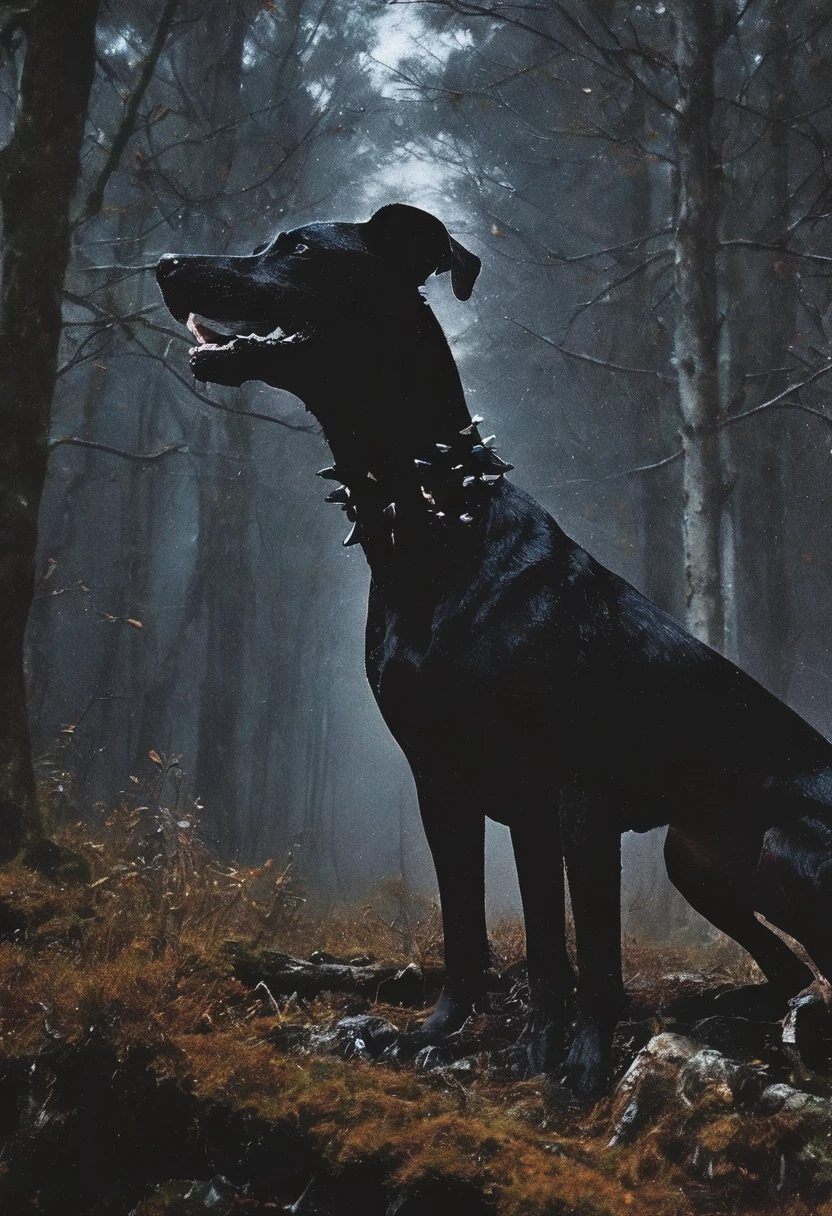 giant black dog, dark forest background