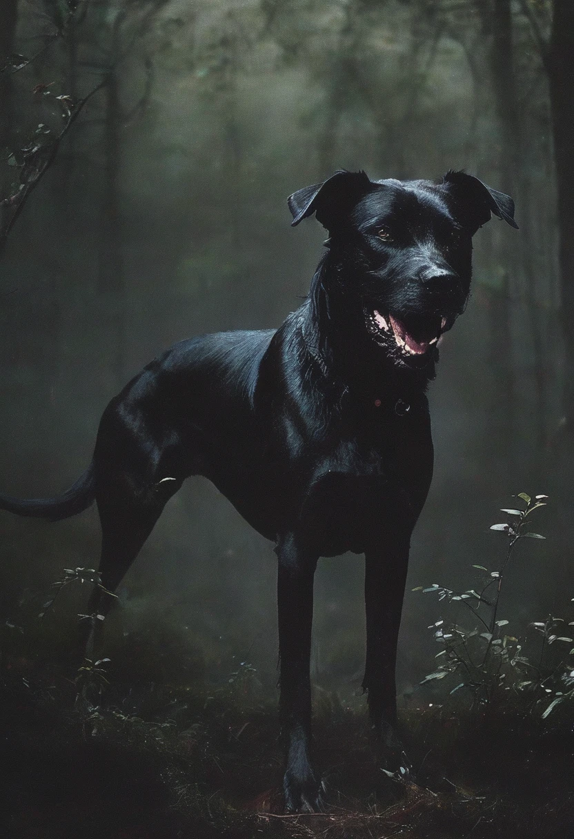 giant black dog, dark forest background