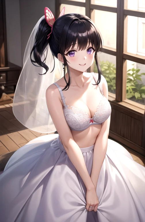 bride, bra, underwear, veil(masterpiece, best quality, detailed), 1 Girl, Solitary, Looking at the audience, Kana Odf, Purple Eyes, Black Hair, Long hair, blunt Bangs, Bangs, Hair accessories, Vulnerabilities, Butterfly, Side Ponytail, Butterfly Hair accessories, Golden tail lily, Lilium chinense, Black Hair, Butterfly, Butterfly hair ornament, (Purple Eyes:1.1), side Ponytail, Ponytail, bride, Wedding dress,Wedding dress,White, underwear, Lace,happy,smile