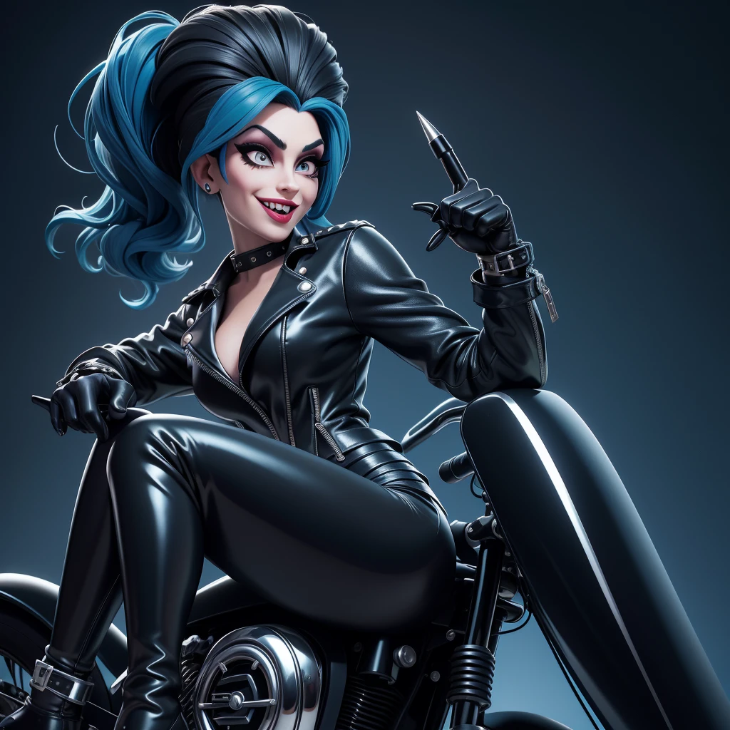 obra prima, melhor qualidade, (cruella deville, amy winehouse, vamp 70yo face wrinkles,) head back, sassy wicked girl, big toothy smile, open mouth, maniacal, extreme, thick smoky black eye shadow, long fake eyelashes, raven black mullet hair, ((metallic sky blue pvc biker jacket and pants,)) with studs zippers snaps, shiny leather gloves, body is skinny, riding motorcycles, shiny tight buttocks, twerk, grind, camera view of whole body, looking up at me, shallow depth of field, highres, HD, 8k, anatomically correct