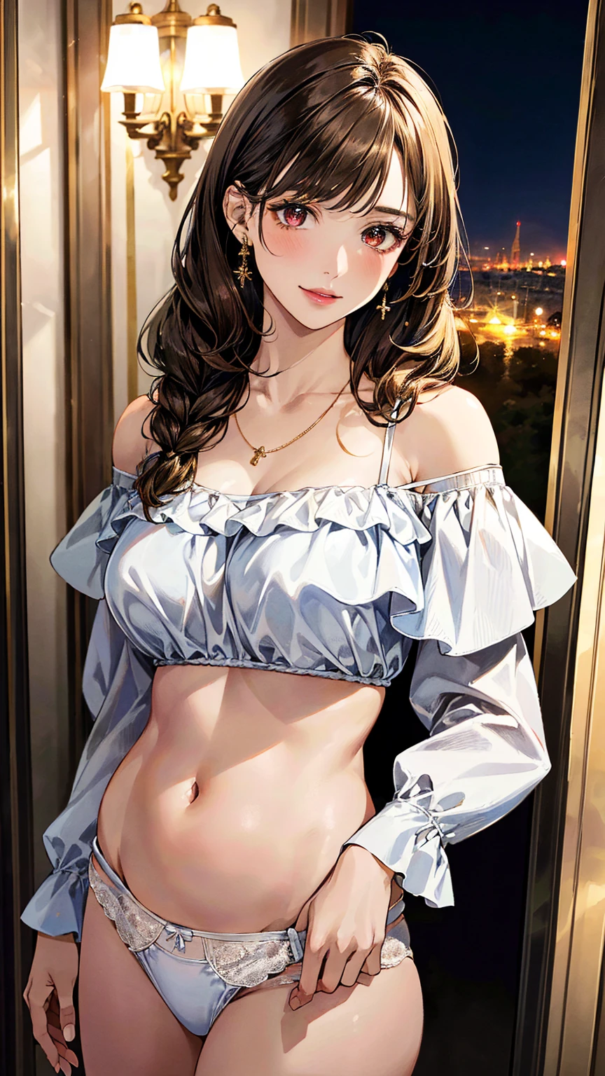 (masterpiece:1.3, Highest quality, Ultra-high resolution, Super detailed), (Realistic, photoRealistic:1.4)(Highest quality, masterpiece:1.2), Perfect lighting, colorful, Written boundary depth,
View your audience, (Face Focus, ), 1 Girl, alone, Beauty Witch,30 years old, Sculpture model, (Large Breasts:1.5, Big Ass, Captivating thighs, Skin dents),
(Mid-length hair:1.2, Half Up:1.2, Light brown hair), bangs, braided bangs, (Golden Eyes), Droopy eyes, Lips parted, Shiny skin,
Beautiful Hair, Beautiful Face, Highly detailed face, Beautiful details, Beautiful clavicle, Beautiful body, Beautiful breasts, Beautiful thighs, Beautiful legs, Beautiful fingers,
(Detailed cloth texture, (Long sleeve frilled off-shoulder shirt that shows off your belly button, Detailed white low rise panties, )), garnet necklace,
(Beautiful views), night, (shoulder strap, Modern), (Captivating smile),