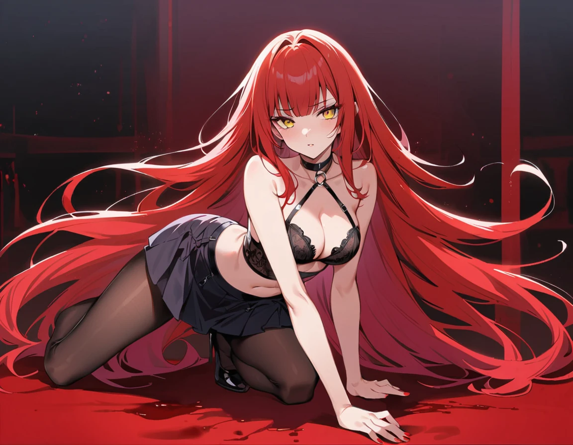 Long red hair, yellow eyes, evil, sexy, black sexy transparent lingerie, seductive, skirt, sexy pose, blood, red room, pantyhose, hands on the , red nails, night, sensual, straigh hair cut, clear skin, evil, young 30 years girl, adult girl, solo, red, very long hair, 