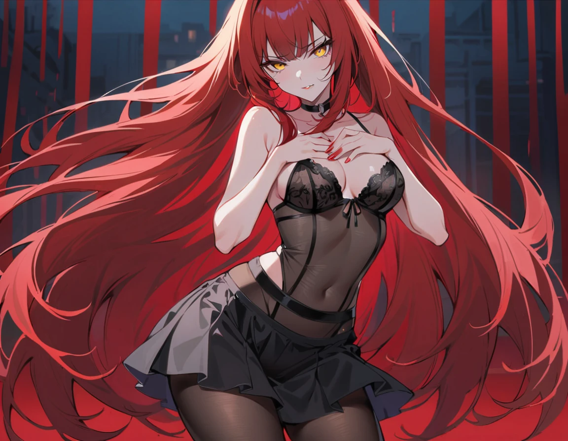 Long red hair, yellow eyes, evil, sexy, black sexy transparent lingerie, seductive, skirt, sexy pose, blood, red room, pantyhose, hands on the , red nails, night, sensual, straigh hair cut, clear skin, evil, young 30 years girl, adult girl, solo, red, very long hair, 